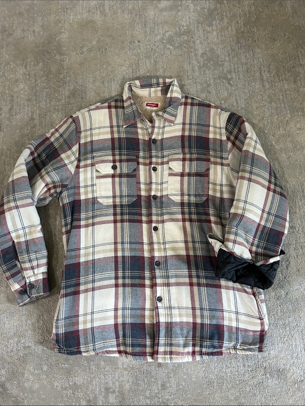 Men’s Wrangler Plaid Shirt Jacket in Cream, Navy & Burgundy. Fleece lined